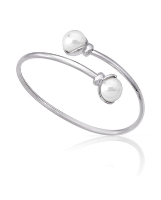 Sterling Silver Rhodium Plated Bangle Bracelet for Women with Organic Pearl, 10mm Round Flat White Pearl, 46x58mm Length, Alina Collection
