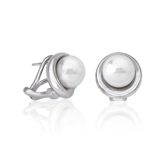 Sterling Silver Rhodium Plated Omega Short Earrings for Women with With Post Clasp and Organic Pearl, 10mm Round Flat White Pearl, Margot Collection
