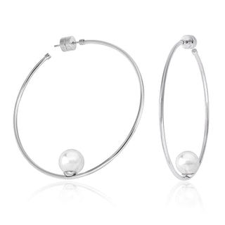 Steel Rhodium Plated Hoop Earrings for Women with Post and Organic Pearl, 10mm Round White Pearl, 2.3" Length, Marianela Collection