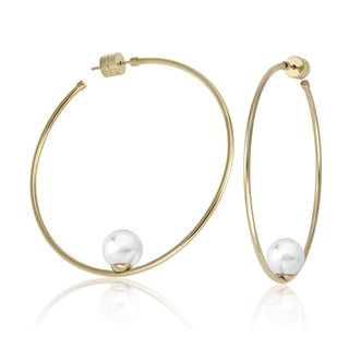 Steel Gold Plated Earrings with Post and Organic Pearl for Women, 10mm Round White Pearl, 2.3" Length, Marianela Collection