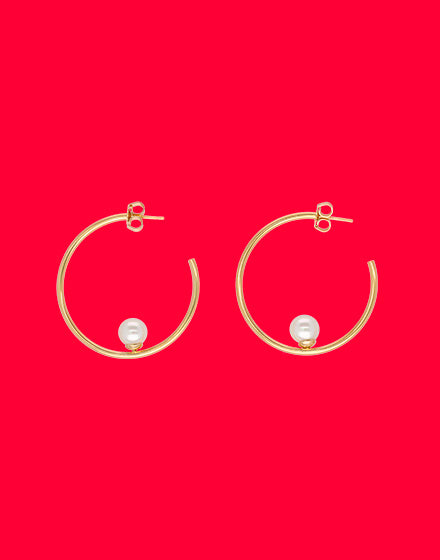 Sterling Silver Gold Plated Hoop Earrings with Organic Pearl for Women, 8mm Round White Pearl, 1.5