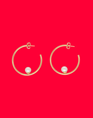 Sterling Silver Gold Plated Hoop Earrings with Organic Pearl for Women, 8mm Round White Pearl, 1.5" Length, Alba Collection