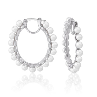 Sterling Silver Rhodium Plated Earrings for Women with Organic Pearl and Oval Hook Clasp, 4mm Round White Pearl, 27.5x34mm Length, Ada Collection