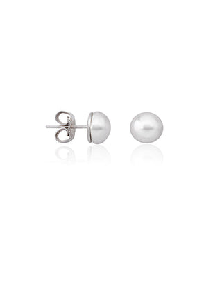 Sterling Silver Rhodium Plated Stud Earrings, for Women with Post and Organic Pearl, 8mm White Mabe Pearl, Mabe Collection