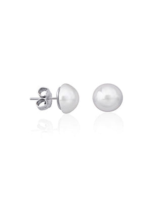 Sterling Silver Rhodium Plated Stud Earrings, for Women with Post and Organic Pearl, 10mm White Mabe Pearl, Mabe Collection