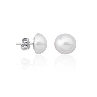 Sterling Silver Rhodium Plated Stud Earrings, for Women with Post and Organic Pearl, 12mm White Mabe Pearl, Mabe Collection