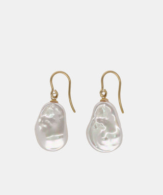 Gold Plated Silver Fish Wire Earrings for Women with Organic Pearl, 14mm Wild Pearl, 1.3" Length, Keila Collection
