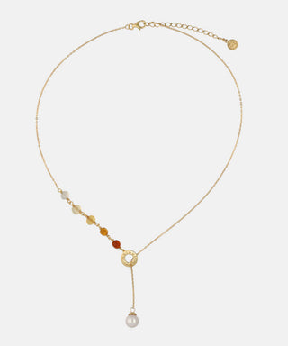 Sterling Silver Gold Plated Necklace for Women with 8mm Round White Pearl and Amber Murano Crystals, 17" Length, Algaida Collection