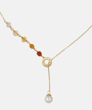 Sterling Silver Gold Plated Necklace for Women with 8mm Round White Pearl and Amber Murano Crystals, 17" Length, Algaida Collection