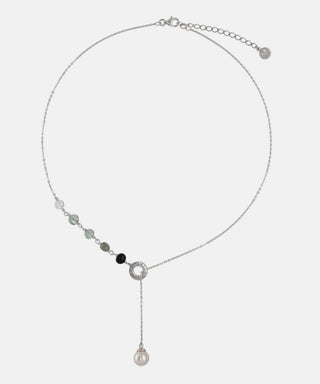Sterling Silver Rhodium Plated Necklace for Women with 8mm Round White Pearl and Black Murano Crystals, 17"/19" Necklace Length, Algaida Collection