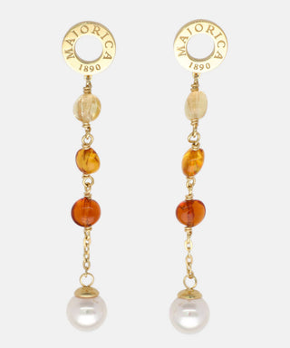 Sterling Silver Gold Plated Long 2.5" Earrings, for Women with Post and Organic Pearl, 8mm Round White Pearls and Amber Murano Crystals, Algaida Collection