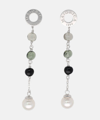 Sterling Silver Rhodium Plated Long 6.3 cm Earrings, for Women with Post and Organic Pearl, 8mm Round White Pearls and Black Murano Crystals, Algaida Collection