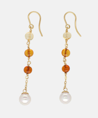 Sterling Silver Gold Plated Long 2.5" Earrings, for Women with Fish Wire Clasp and Organic Pearl, 8mm Round White Pearls and Amber Murano Crystals, Algaida Collection