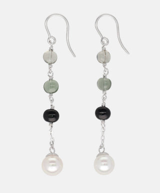 Sterling Silver Rhodium Plated Long Earrings, for Women with Fish Wire Clasp and Organic Pearl, 8mm Round White Pearls and Black Murano Crystals, Algaida Collection