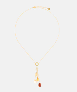 Sterling Silver Gold Plated Necklace for Women with 8mm Round White Pearl and Amber Murano Crystals, 17"/19" Necklace Length, Algaida Collection