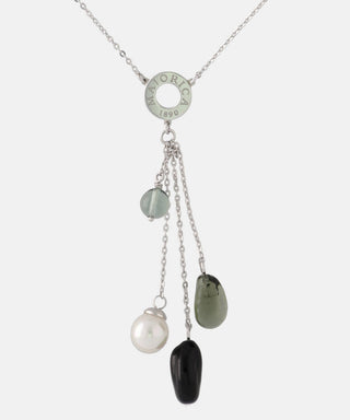 Sterling Silver Rhodium Plated Necklace for Women with 8mm Round White Pearls and Black Murano Crystals, 17"/19" Necklace Length, Algaida Collection