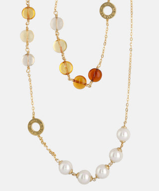 Sterling Silver Gold Plated Necklace for Women with 8mm Round White Pearls and Amber Murano Crystals, 35" Necklace Length, Algaida Collection