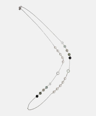 Sterling Silver Rhodium Plated Necklace for Women with 8mm Round White Pearls and Black Murano Crystals, 35" Necklace Length, Algaida Collection