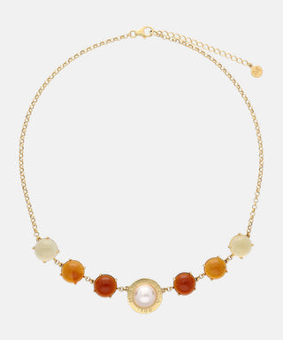 Sterling Silver Gold Plated Necklace for Women with Organic Pearl, 12mm Round White Pearl and Amber Murano Crystal, 16.1/18.1" Length, Algaida Collection