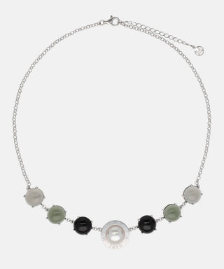 Sterling Silver Rhodium Plated Necklace for Women with Organic Pearl, 12mm Round White Pearl and Black Murano Crystal, 16.1/18.1" Length, Algaida Collection