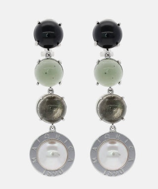 Sterling Silver Rhodium Plated Omega Earrings for Women with Organic Pearl, 12mm Round White Pearl and Black Murano Crystal, 2.3" Length, Algaida Collection