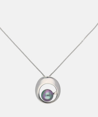 Steel Pendant Necklace for Women with 12mm Round Grey Pearl, 16.5" Length, Petra Collection