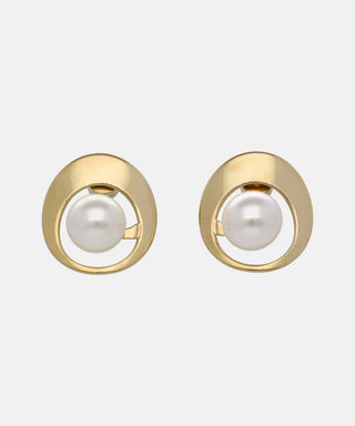 Sterling Silver Gold Plated Short Stud Earrings, for Women with Organic Pearl, 10mm Round White Pearls, Petra Collection