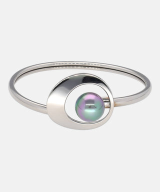 Stainless Steel Bangle Bracelet for Women, 12mm Round Grey Pearl, 17.7" Diameter, Petra Collection