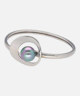 Stainless Steel Bangle Bracelet for Women, 12mm Round Grey Pearl, 17.7" Diameter, Petra Collection